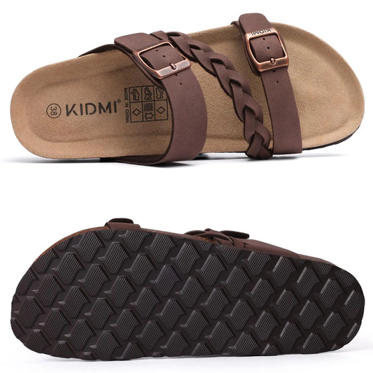 Evshine Summer Fashion Cork Slippers For Women Comfort Arch Support Outdoor Leather Sandals Unisex New Double Buckle Flat Slides