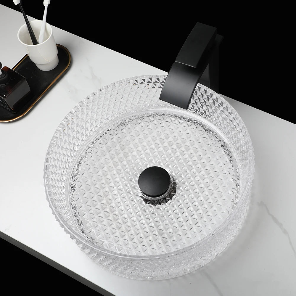 KEMAIDI Tempered Glass Vessel Sink Bathroom Round Vanity Wash Sink Above Counter Deck Mounted Basin Sink with Faucet Mixer