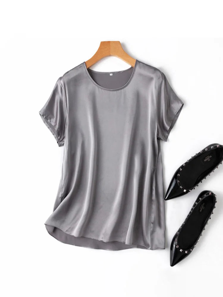 SuyaDream, Woman Silk Tee, 100%Real Silk Short Sleeved Plain O Neck T Shirt, 2025 New Summer Top