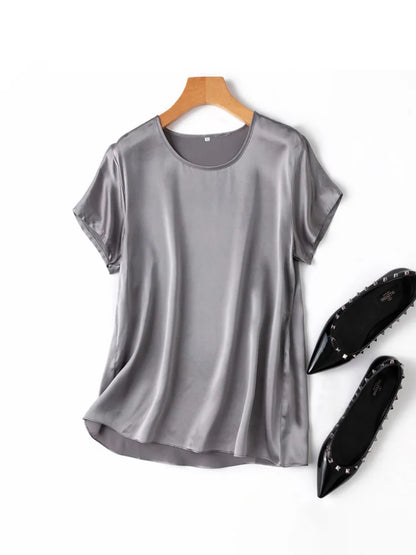 SuyaDream, Woman Silk Tee, 100%Real Silk Short Sleeved Plain O Neck T Shirt, 2025 New Summer Top