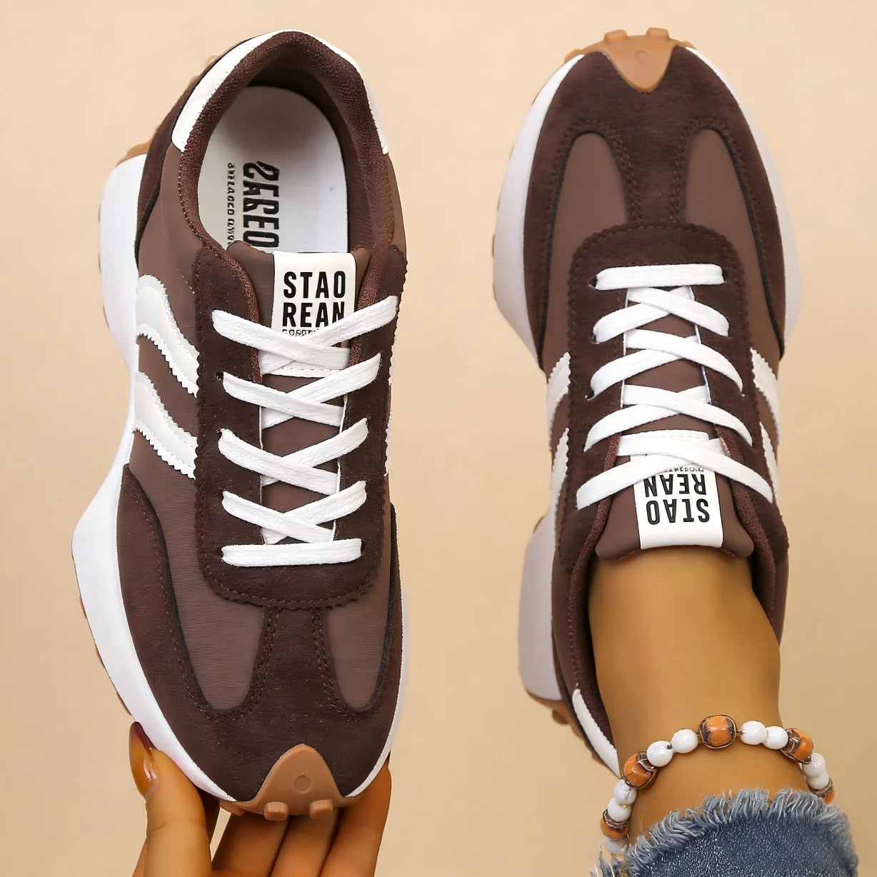 Women's Brown Vintage Striped Athletic Sneakers Lightweight Casual Walking Shoes