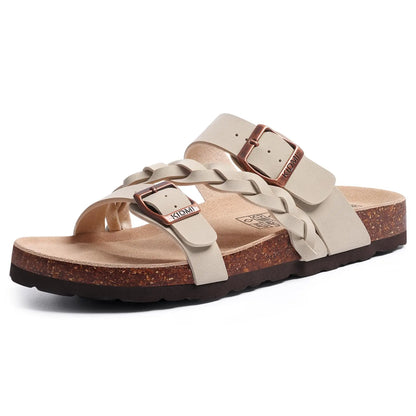 Evshine Summer Fashion Cork Slippers For Women Comfort Arch Support Outdoor Leather Sandals Unisex New Double Buckle Flat Slides