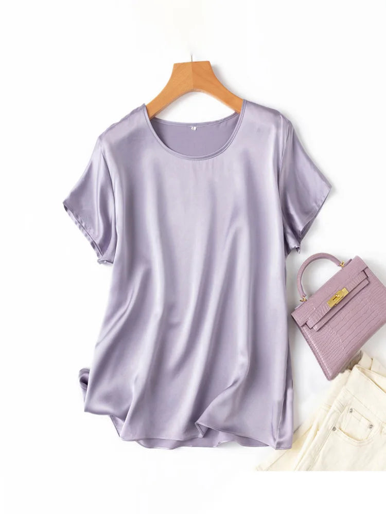SuyaDream, Woman Silk Tee, 100%Real Silk Short Sleeved Plain O Neck T Shirt, 2025 New Summer Top