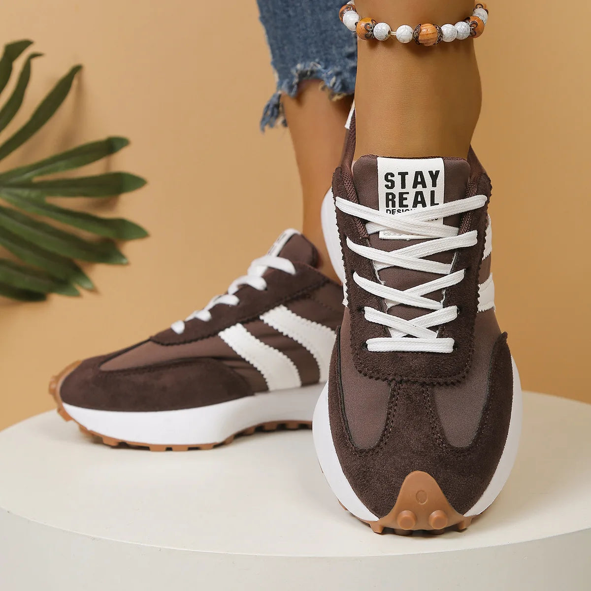 Women's Brown Vintage Striped Athletic Sneakers Lightweight Casual Walking Shoes