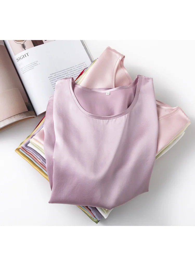 SuyaDream, Woman Silk Tee, 100%Real Silk Short Sleeved Plain O Neck T Shirt, 2025 New Summer Top