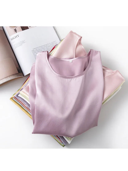 SuyaDream, Woman Silk Tee, 100%Real Silk Short Sleeved Plain O Neck T Shirt, 2025 New Summer Top