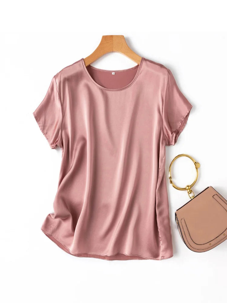SuyaDream, Woman Silk Tee, 100%Real Silk Short Sleeved Plain O Neck T Shirt, 2025 New Summer Top