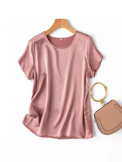 SuyaDream, Woman Silk Tee, 100%Real Silk Short Sleeved Plain O Neck T Shirt, 2025 New Summer Top