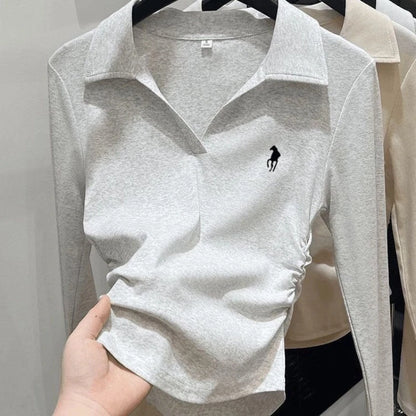 Polo Neck Embroidery Pleated Short Tops Spring Autumn Long Sleeve Slim All-match Casual T Shirts Fashion Vintage Women Clothing