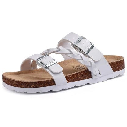 Evshine Summer Fashion Cork Slippers For Women Comfort Arch Support Outdoor Leather Sandals Unisex New Double Buckle Flat Slides