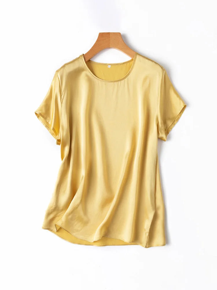 SuyaDream, Woman Silk Tee, 100%Real Silk Short Sleeved Plain O Neck T Shirt, 2025 New Summer Top