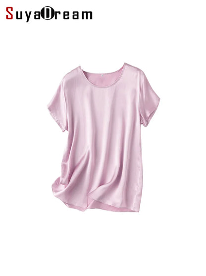 SuyaDream, Woman Silk Tee, 100%Real Silk Short Sleeved Plain O Neck T Shirt, 2025 New Summer Top